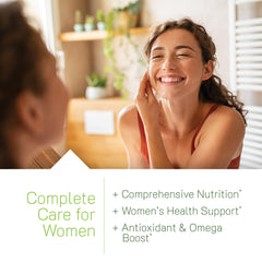 Irwin Naturals Women's Living Green image shows spirulina and chlorella greens for natural energy.