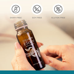 Isagenix Collagen Elixir ingredients panel with vitamin C, zinc, and biotin.
