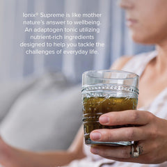 Ionix Supreme ingredients illustrated with adaptogens like ashwagandha, maca, and rhodiola.