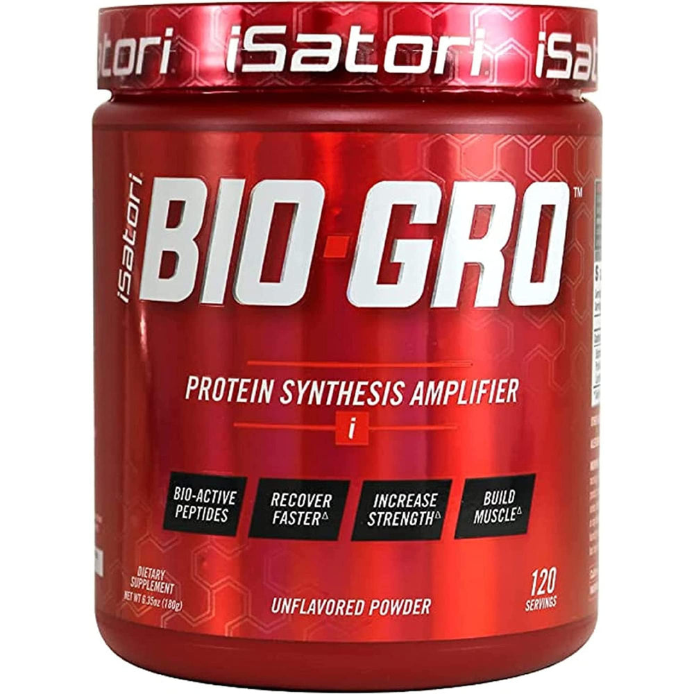 Isatori BIO-GRO bottle front view highlighting a clean, unflavored formula for lean muscle support.