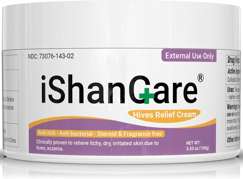 iShanCare Urticaria Cream bottle pump for fast, non-greasy relief on the skin.