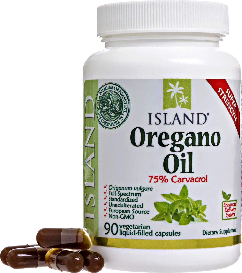 Island Nutrition oregano oil capsules bottle, premium super-strength formula for immune support
