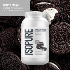 Isopure 3 lb container with nutrition label showing zero sugar and gluten-free protein