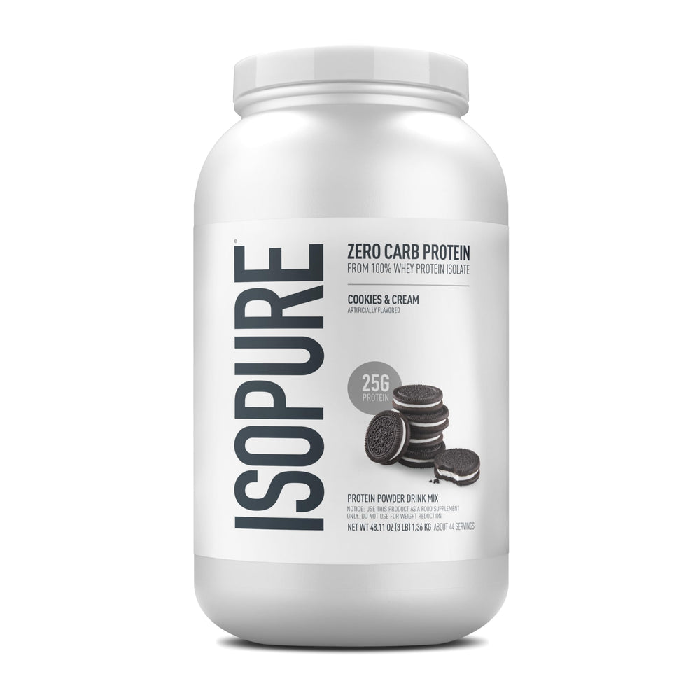 Isopure Cookies & Cream whey isolate powder bottle ready for a high-protein shake