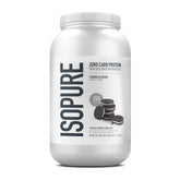 Isopure Cookies & Cream whey isolate powder bottle ready for a high-protein shake