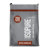 Isopure Dutch Chocolate whey isolate tub showing protein-rich powder for daily meals.