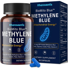 Itharoventis Methylene Blue capsules on bottle front, signaling a clean, pharmaceutical-grade formula.