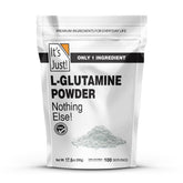 It's Just! L-Glutamine bottle close-up shows pure, unflavored powder for versatile use