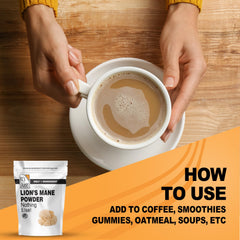 It's Just! Lion's Mane powder in tea cup supports calm focus.