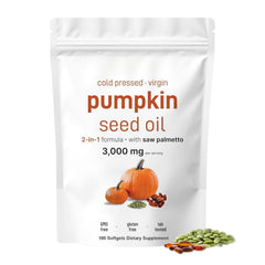 J-PRQ pumpkin seed oil bottle close-up with saw palmetto capsules for daily wellness.