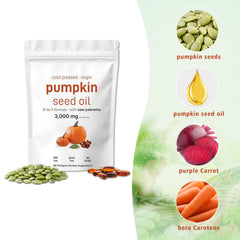 Three-softgel serving visual highlighting 3000 mg pumpkin seed oil and 300 mg saw palmetto.