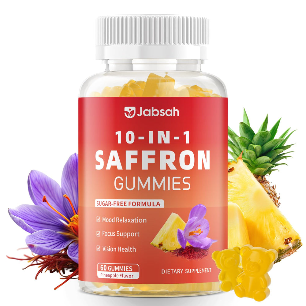 Jabsah Saffron Gummies bottle front highlights mood support and daily calm.