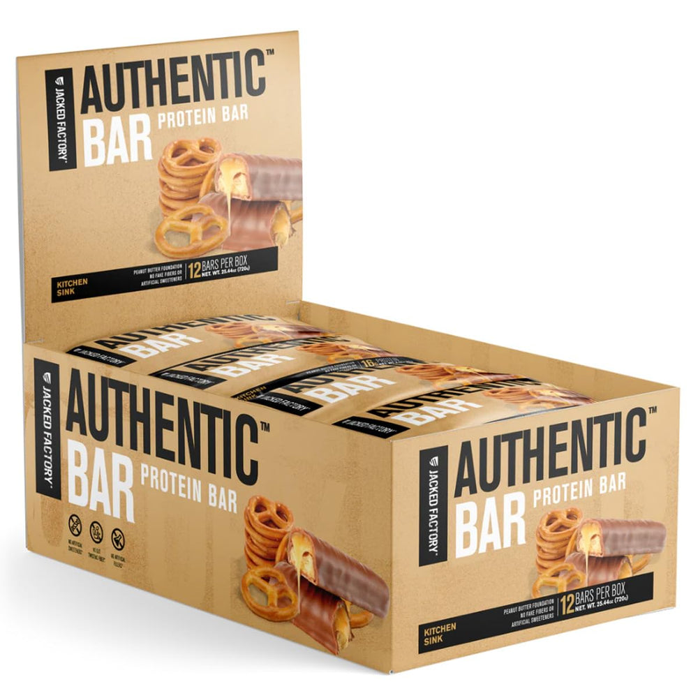 Jacked Factory Authentic Bar packaging on-the-go, convenient meal replacement option.