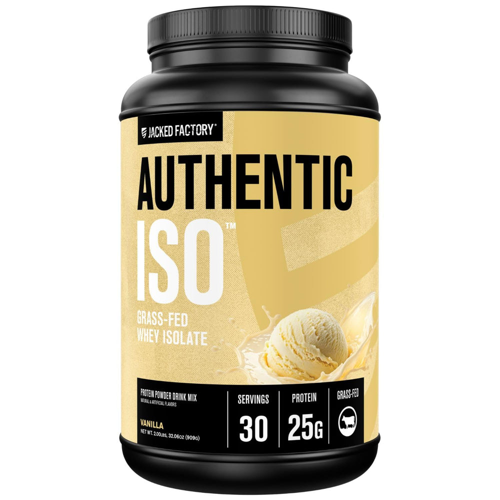 Jacked Factory Authentic ISO whey vanilla bottle showing clean label for lean muscle support