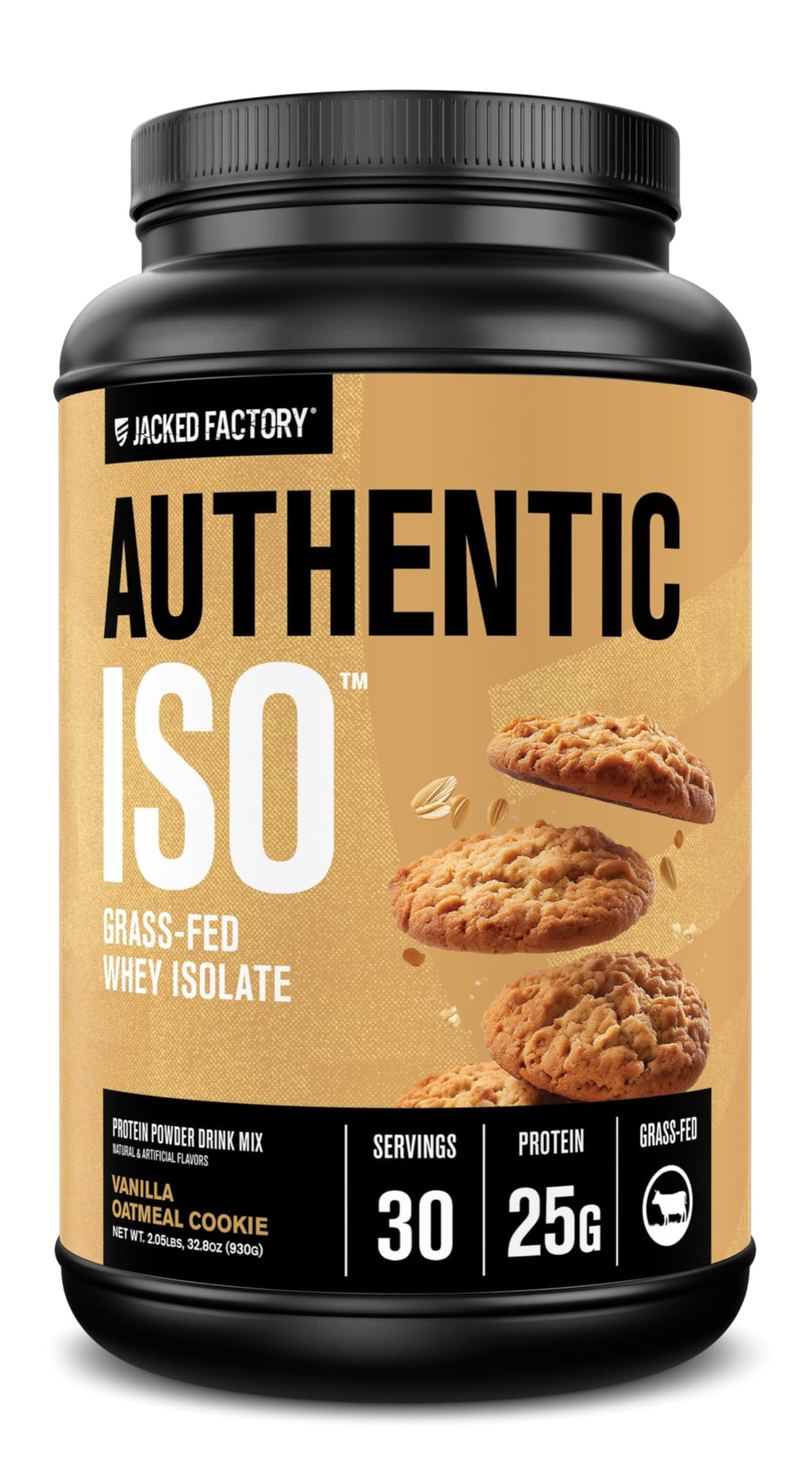 Jacked Factory Authentic ISO Whey tub in Vanilla Oatmeal Cookie flavor for post-workout protein