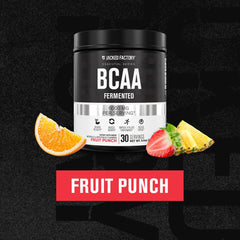 Jacked Factory BCAA Powder Fermented Fruit Punch scoop ready for rapid mix before training.