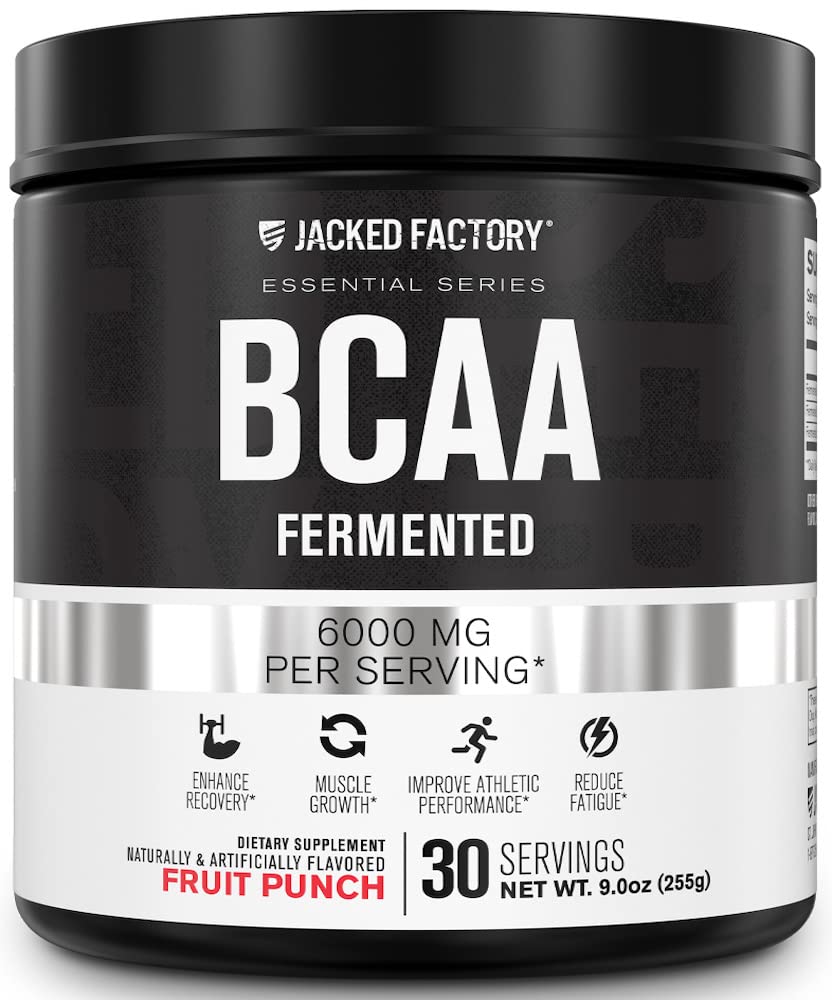 Jacked Factory BCAA Powder Fermented Fruit Punch tub supports quick recovery during workouts.