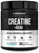Jacked Factory Creatine + BCAAs blue raspberry tub front highlights enhanced workout energy.