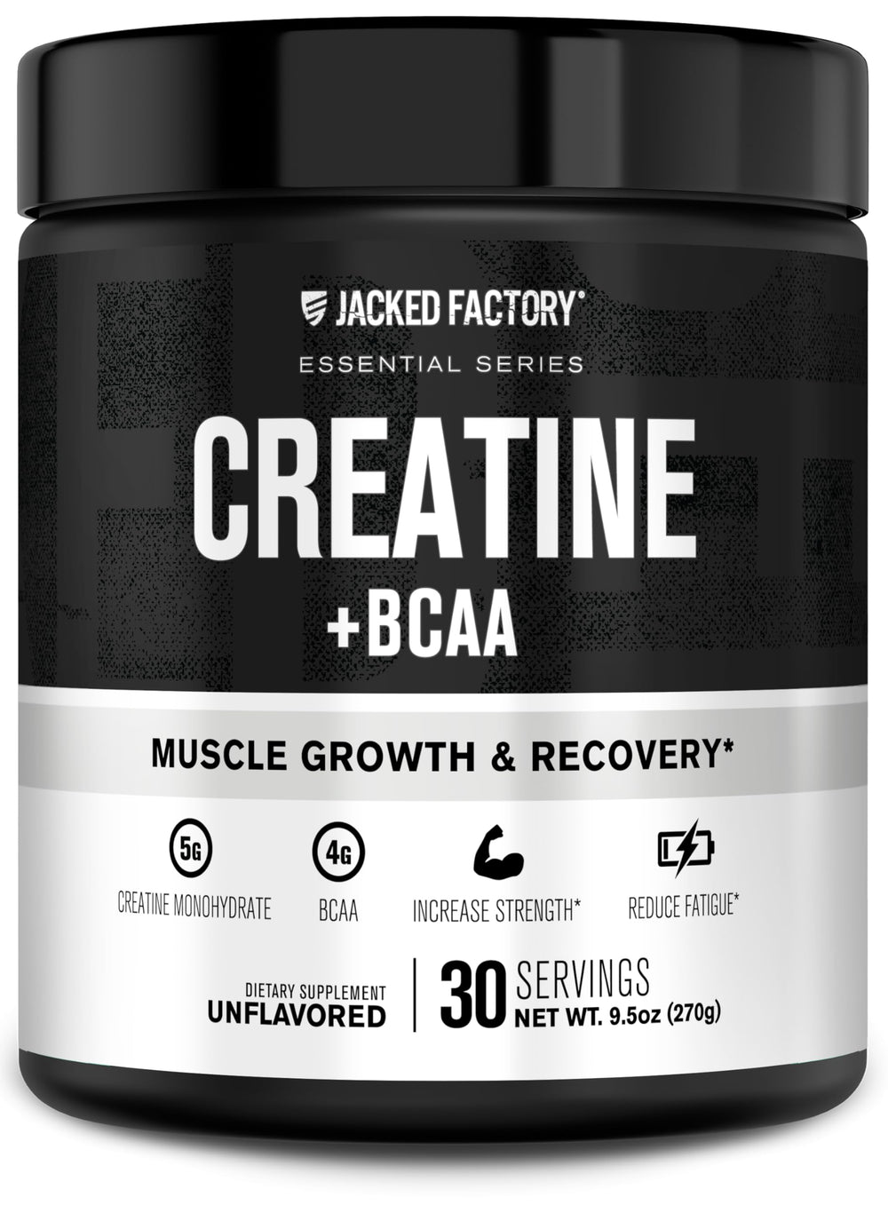 Jacked Factory Creatine + BCAAs powder package front shows sleek branding for post-workout support.