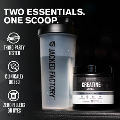 Jacked Factory Creatine + BCAAs unflavored jar highlights clean formula for lean muscle growth.