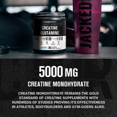Jar close-up emphasizes fermented L-glutamine for workout support.