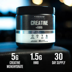 Jacked Factory Creatine HMB label closeup highlighting purity and ingredients.