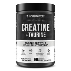 Jacked Factory Creatine + Taurine bottle front highlighting unflavored formula for training support.
