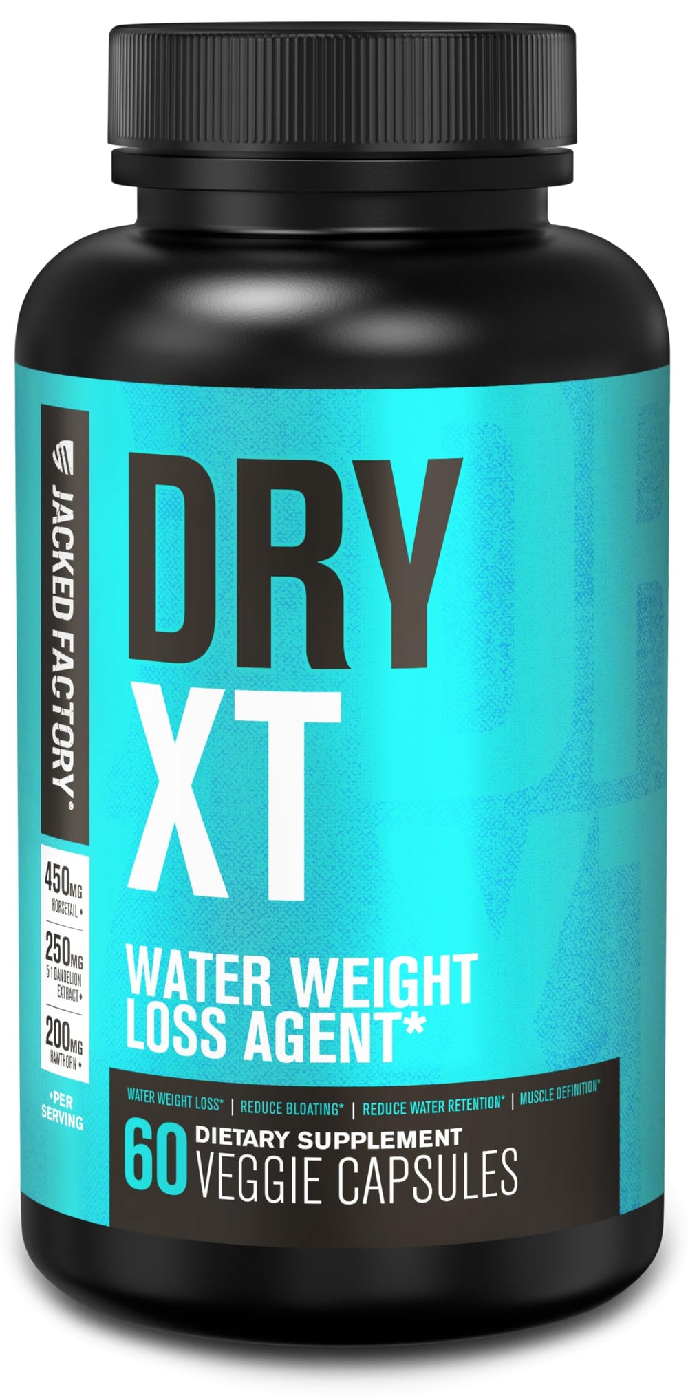Jacked Factory Dry-XT bottle front showing capsules for a lean look.