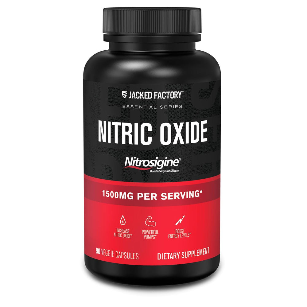 Jacked Factory Essentials Nitric Oxide Booster bottle shows label with per-dose pumps