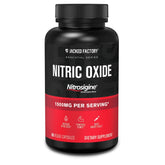 Jacked Factory Essentials Nitric Oxide Booster bottle shows label with per-dose pumps