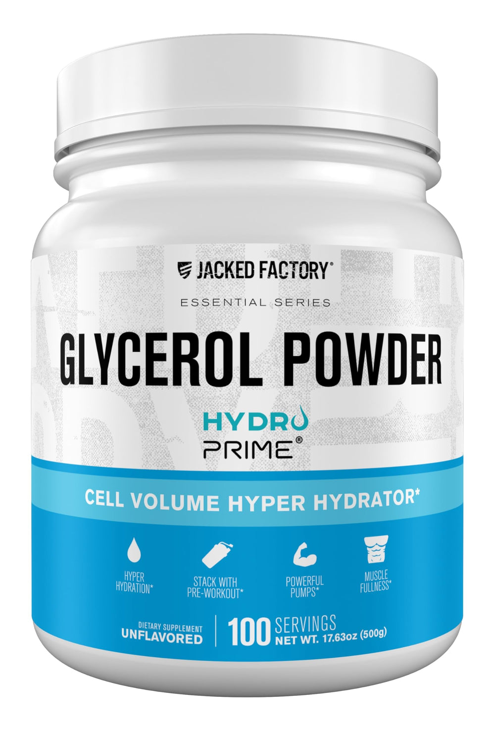 Jacked Factory Glycerol Pump Powder bottle highlights HydroPrime glycerol for enhanced hydration.