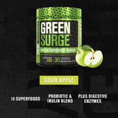 Jacked Factory Green Surge bottle pour demonstrates easy, mixable greens for mornings.