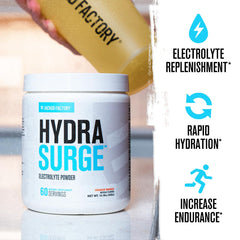 HYDRASURGE orange mango powder tub highlighting premium electrolytes for endurance.