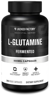 Jacked Factory L-Glutamine capsules bottle with 500mg serving for daily recovery.