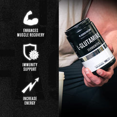 Jacked Factory L-Glutamine powder stirred in a glass for smooth gut-friendly blends