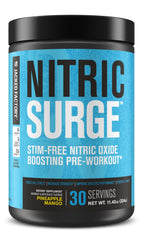 Jacked Factory Nitric Surge pineapple mango bottle, stimulant-free pre-workout for smooth workouts.