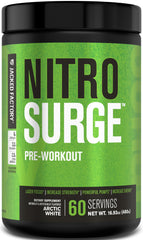 Jacked Factory Nitrosurge Arctic White bottle front view, ready for a high-energy workout.