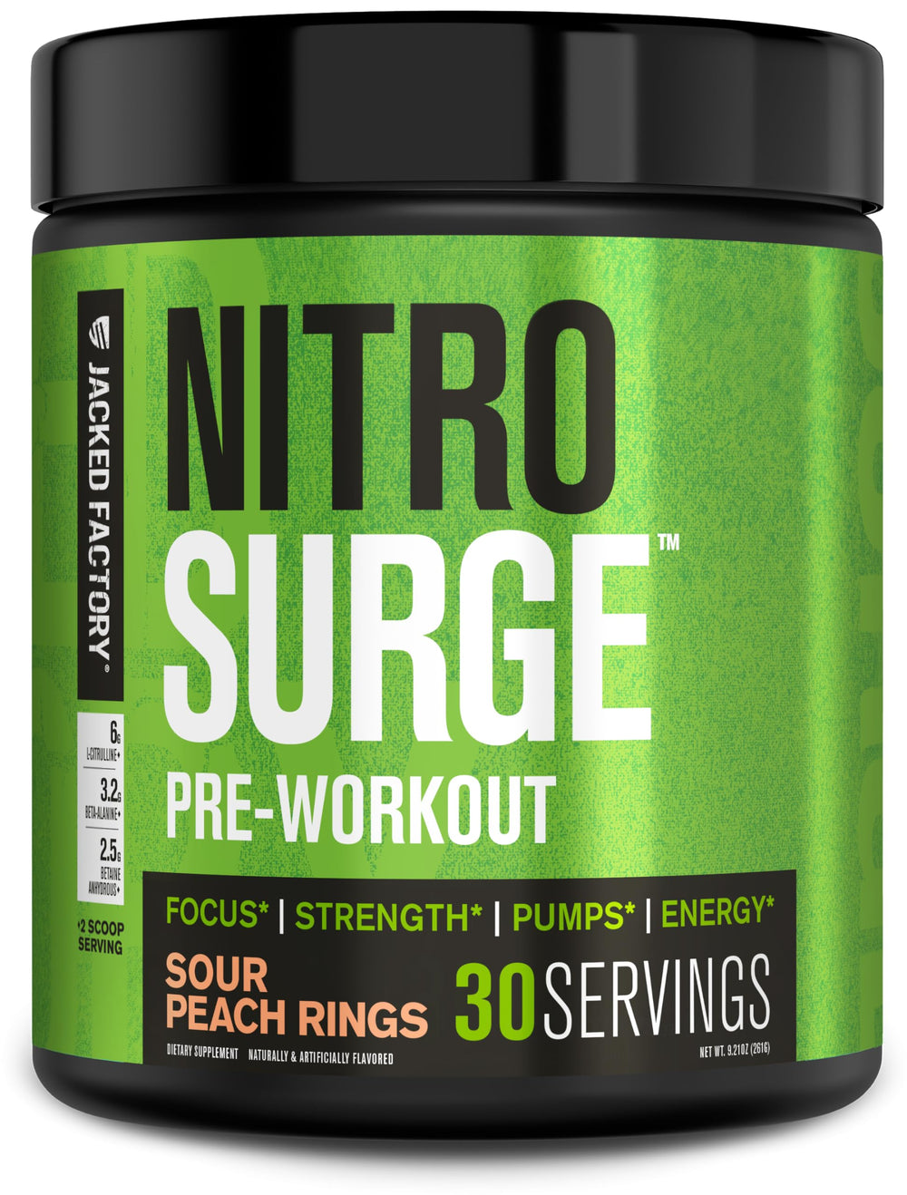 Jacked Factory Nitrosurge bottle front showing bold design and packaging appeal for energy during workouts