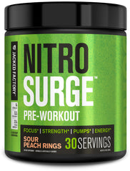 Jacked Factory Nitrosurge bottle front showing bold design and packaging appeal for energy during workouts