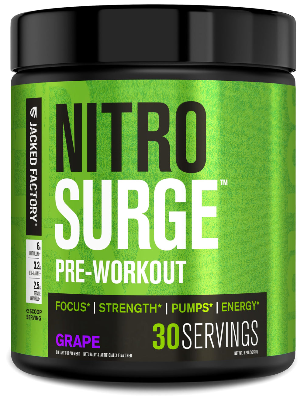 Jacked Factory Nitrosurge grape bottle boosts energy and focus for workouts