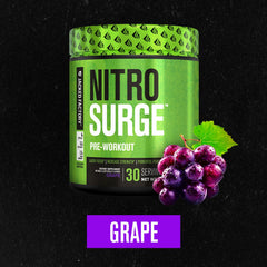 Nitrosurge grape powder jar highlights clean, stimulant-friendly pre-workout formula