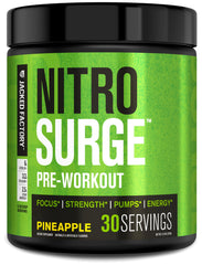Jacked Factory Nitrosurge pineapple tub label close-up for clean workout energy