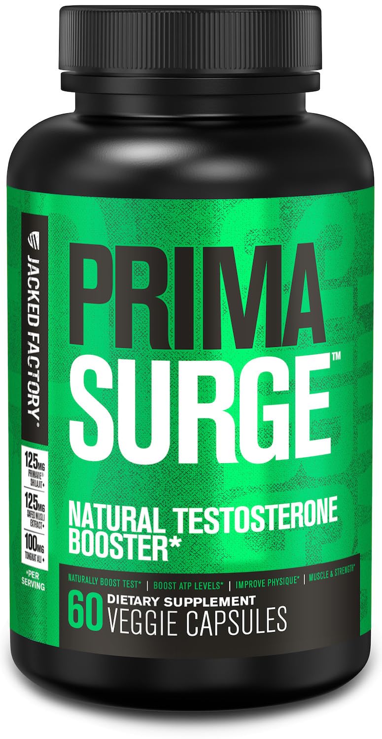 Jacked Factory Primasurge bottle front signals natural testosterone support for men.