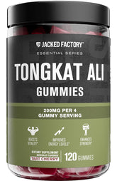 Jacked Factory Tongkat Ali Gummies bottle front promoting vitality and daytime energy.