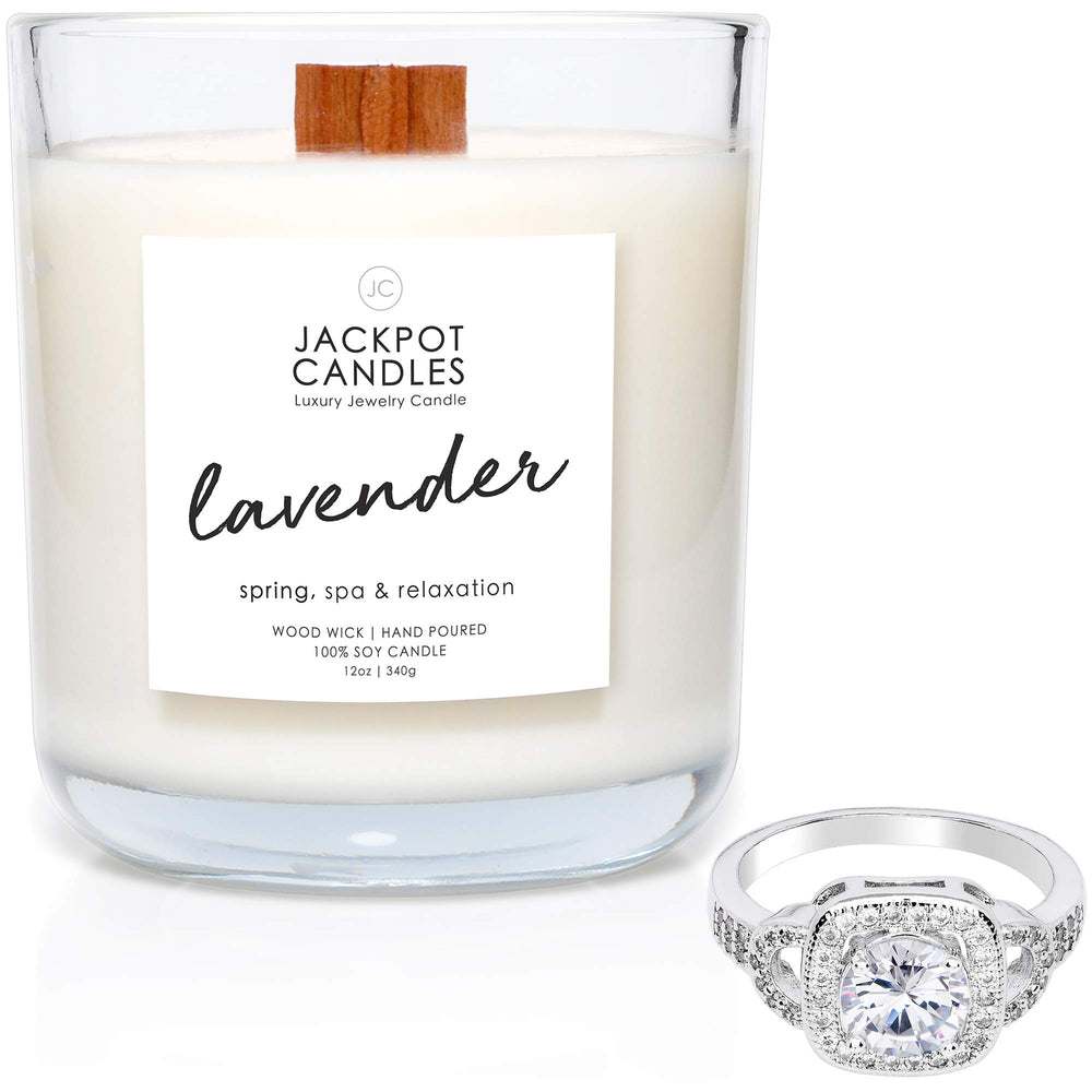Jackpot Candles lavender candle with ring inside reveals a surprise jewelry gift