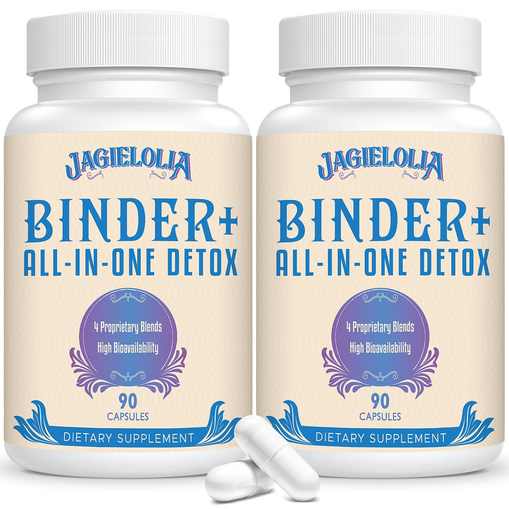 Jagielolia All-In-One Detox Binder bottle shows a 1500 mg blend for daily wellness