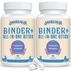 Jagielolia All-In-One Detox Binder bottle shows a 1500 mg blend for daily wellness