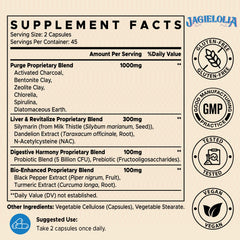 Close up of Jagielolia detox binder capsules highlighting vegan formula