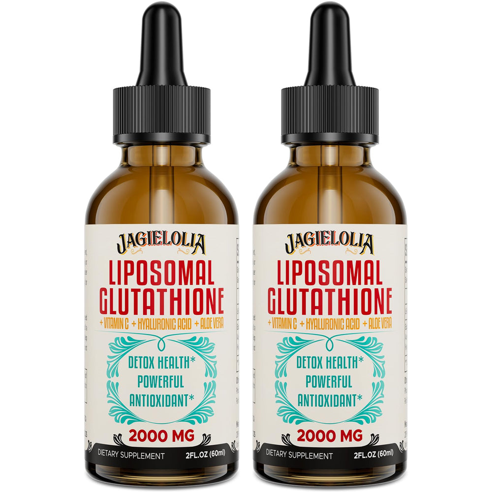 Jagielolia Liposomal Glutathione bottle pouring for daily antioxidant support.