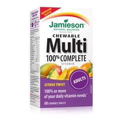 Jamieson 100% Complete chewable multivitamin bottle with Citrus Twist flavor for daily wellness